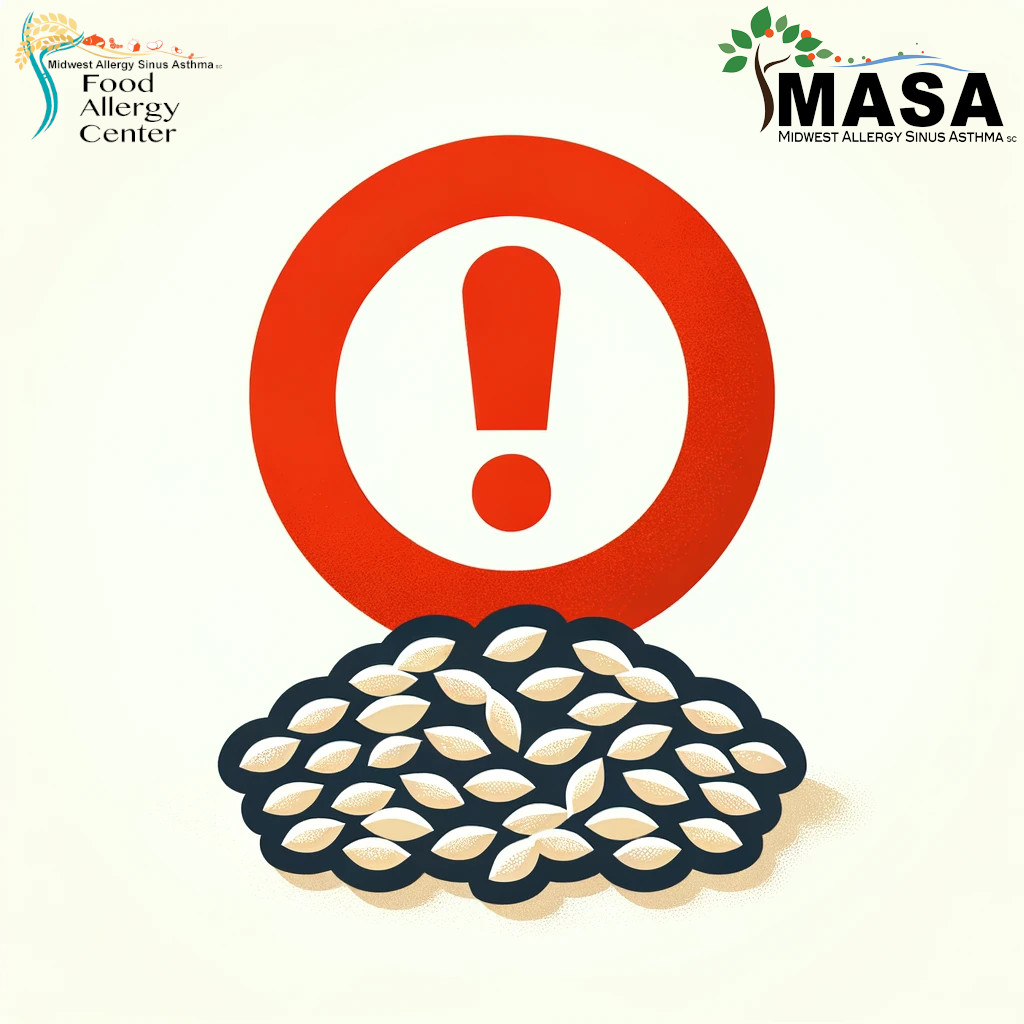 Image of sesame seeds with caution symbol by Treatfoodallergy and Midwest Allergy Sinus Asthma SC